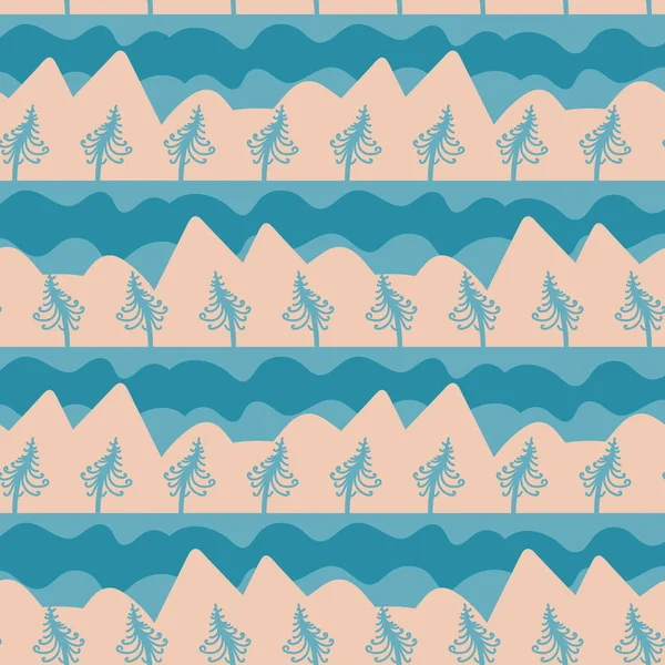 Seamless vector pattern with mountain landscape in cold teal and beige — Stock vektor