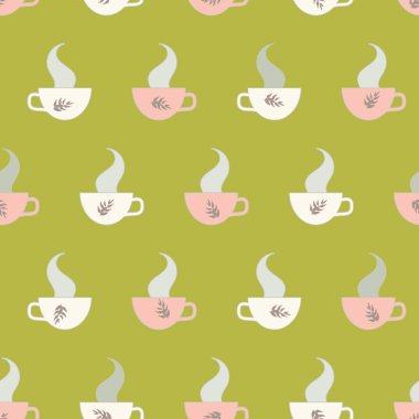 Sıcak çay fincanları ve buharlı kusursuz vektör deseni