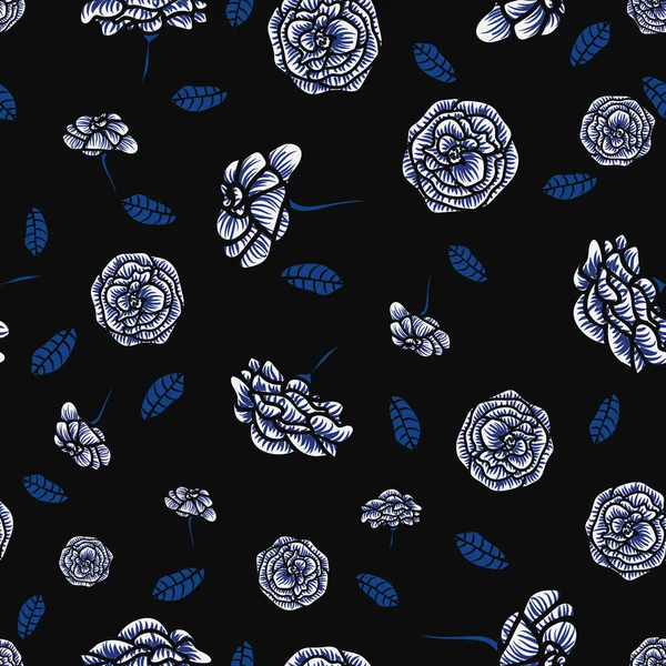 Seamless vector pattern with white and blue roses on a dark background — Stock Vector