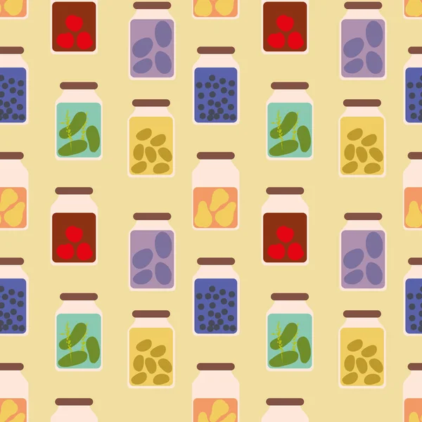 seamless vector pattern with jars full of preserved fruits and veggies
