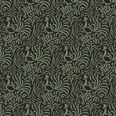 Tavuskuşu kuşları ve botanik süslemeleri ile kusursuz vektör damasyonu deseni