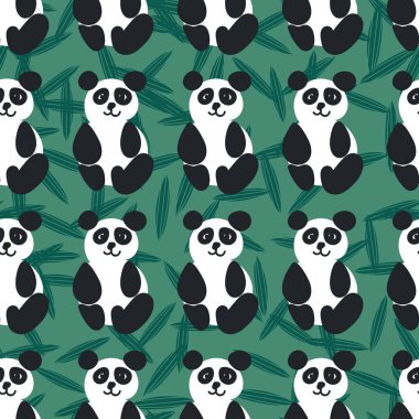 Yeşil arka planda dost pandalar olan kusursuz vektör deseni