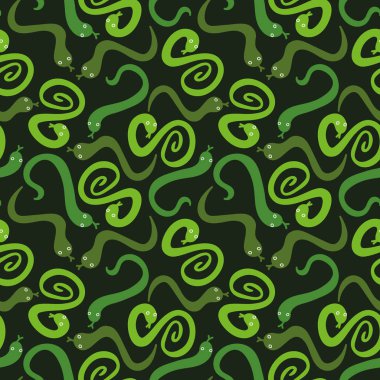 Koyu arkaplana dağılmış yeşil yılanlı kusursuz vektör deseni