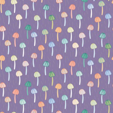 Mor arkaplanda renkli mantarlı kusursuz vektör deseni
