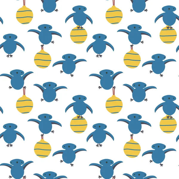 Patrón de vector sin costuras con lindos pájaros azules sosteniendo bolas de Navidad amarillas — Vector de stock