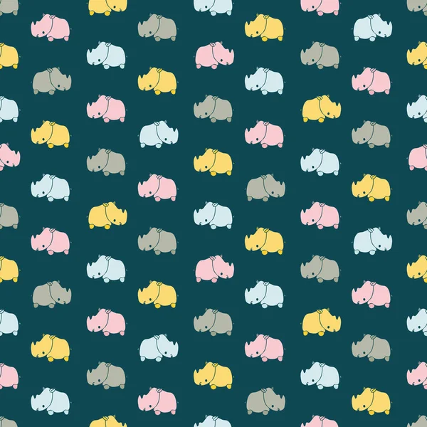 Motif vectoriel sans couture avec rhinocéros colorés sur un fond sombre — Image vectorielle
