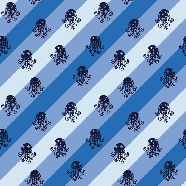 Seamless vector pattern with friendly octopuses on diagonal striped background — Stock Vector