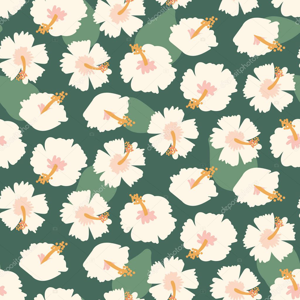 seamless vector pattern with pale hibiscus flowers and leaves