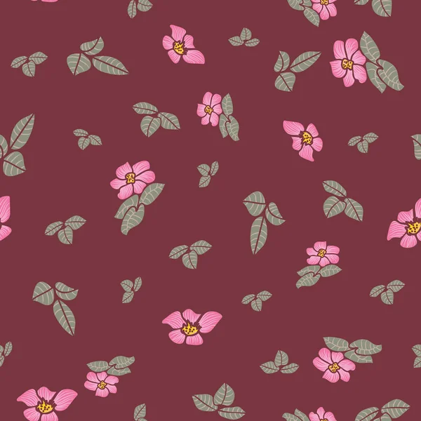 Nahtloses Vektormuster mit rosa Hundsrosen und grünen Blättern auf weinrotem Hintergrund — Stockvektor