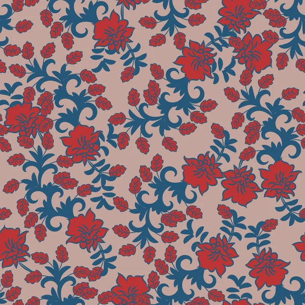 Απρόσκοπτη διάνυσμα διακοσμητικά λαϊκό μοτίβο με κόκκινα λουλούδια και μπλε φύλλα στολίδι — Διανυσματικό Αρχείο