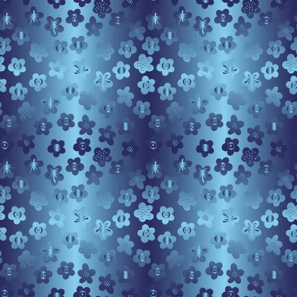 Mavi metalik gradyan içinde kusursuz çiçek vektör deseni — Stok Vektör