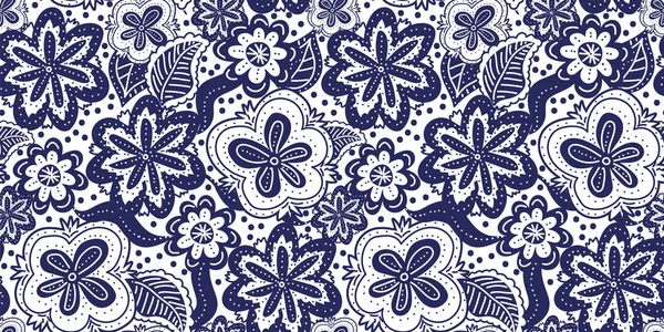 Seamless vector pattern with florals in dark blue and white — Stock Vector