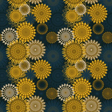 Sarı ve mavi mandala şekilli kusursuz vektör deseni