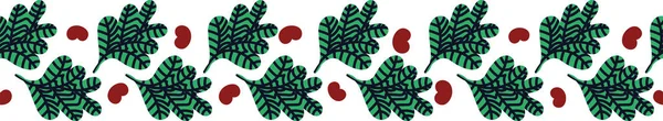 Borde de patrón de vector sin costuras con hojas verdes y bayas en forma de corazón rojo — Vector de stock