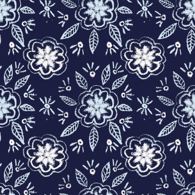 Koyu mavi bir zemin üzerine basit el çizimi çiçek süsü ile kusursuz vektör deseni