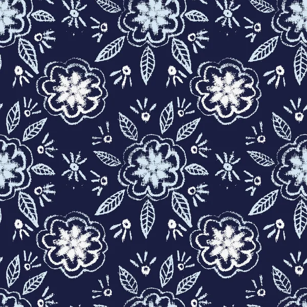 Naadloze vector patroon met eenvoudige hand getekend ffloral ornament op een donker indigo blauwe achtergrond — Stockvector