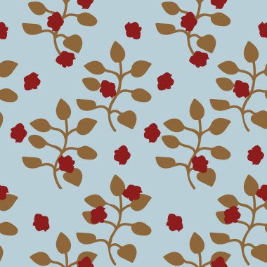 Mavi arkaplan üzerinde gül dalları olan kusursuz vektör vintage deseni