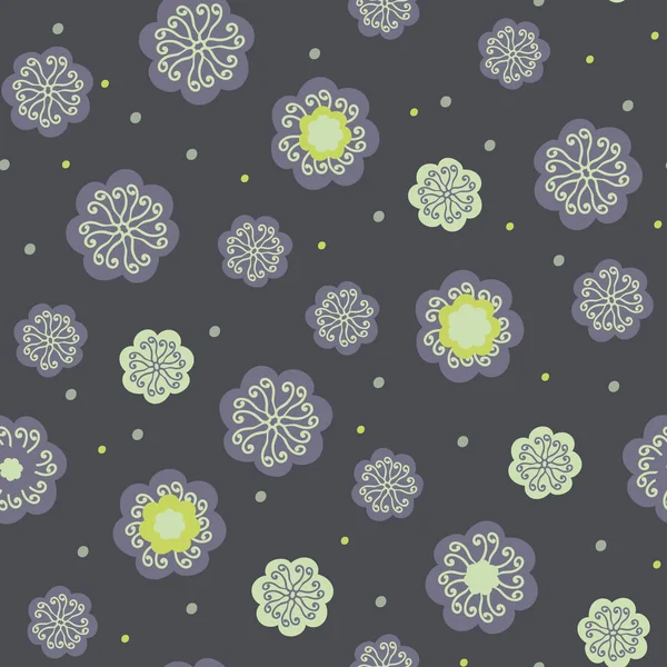 Безшовний векторний візерунок з фіолетовими квітами з жовтими орнаментами зірки — стоковий вектор