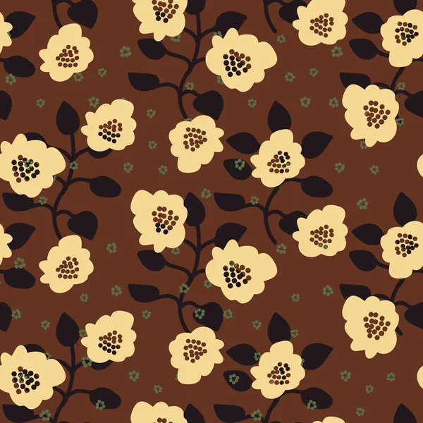 Seamless vector pattern with bold simple floral shapes on a brown background — 스톡 벡터