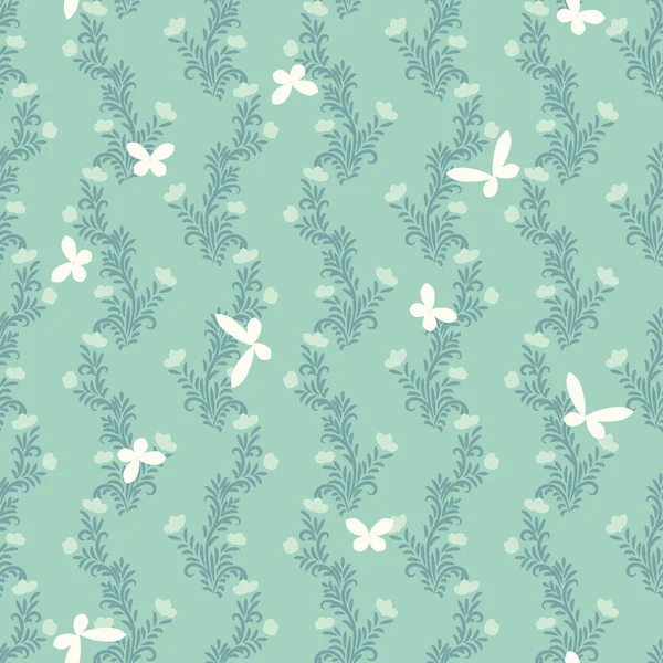 Patrón vectorial inconsútil con btterflies y adorno floral en colores verdes palemint — Archivo Imágenes Vectoriales