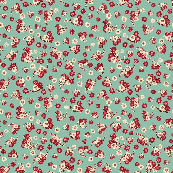 Seamless vector ditsy pattern with red and light flowers on pale teal background — Stock Vector