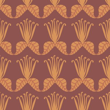 Şekillendirilmiş çiçekleri ve sarı ve kahverengi yaprakları olan kusursuz vektör deseni