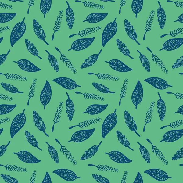 Patrón botánico vetor sin costuras con hojas azules sobre un fondo verde jade — Vector de stock