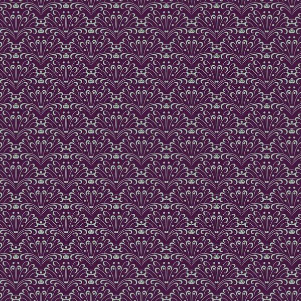 Patrón de damasco púrpura vector sin costura con líneas en forma de hoja — Vector de stock