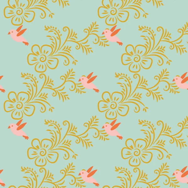 Αδιάλειπτη διανυσματικό μοτίβο με χρυσά λουλούδια και ροζ πουλιά σε παστέλ μπλε φόντο — Διανυσματικό Αρχείο
