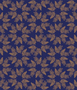 Lacivert arka planda altın yıldız şekilli yaprak süslemesi olan kusursuz vektör deseni