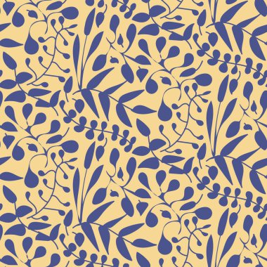 Yaprakların mavi siluetleriyle kusursuz vektör deseni