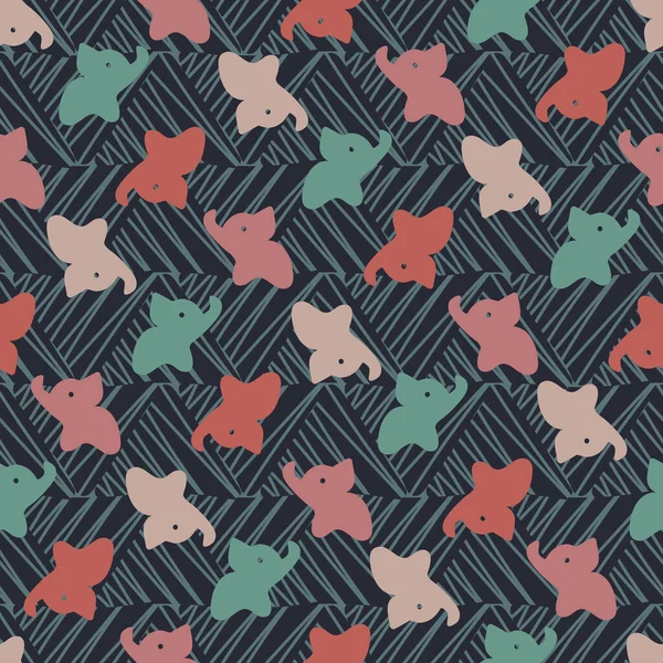 Patrón de vector sin costuras con coloridos elefantes bebé sobre un fondo de textura oscura — Vector de stock