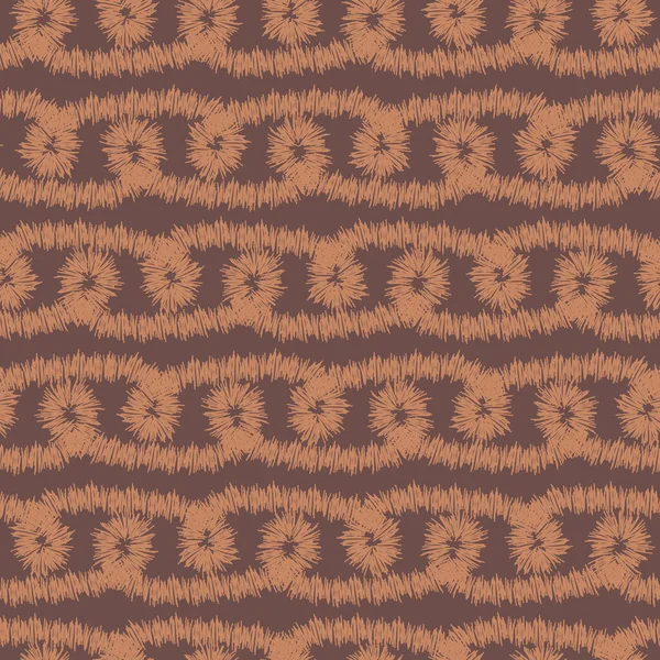 Motif ikat vectoriel sans couture avec des rayures et des boucles brunes — Image vectorielle