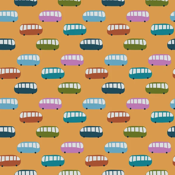 Patrón infantil vector sin costuras con coloridos autobuses lindos sobre un fondo amarillo — Vector de stock