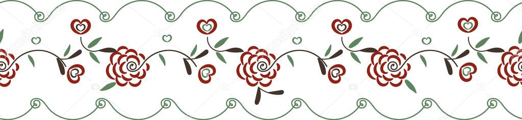 seamless vector border print with folk roses heartsand leaves