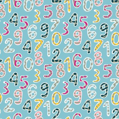 Mavi zemin üzerinde renkli noktalı ve çizgili sayılar olan kusursuz çocuksu vektör deseni