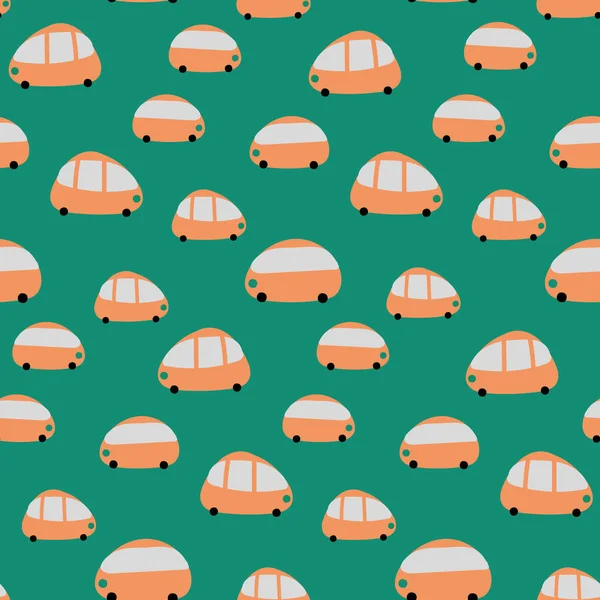 Patrón de vector sin costuras con coches de color naranja lindo sobre un fondo verde — Vector de stock