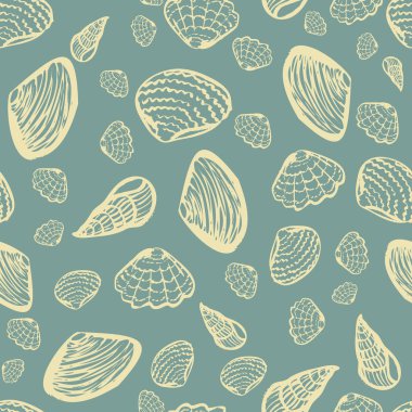 light colored seashells on a muted blue background seamless vector pattern