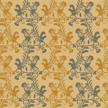 Hardal sarısı ve gri renklerde dikey botanik çizgileri olan kusursuz vektör deseni