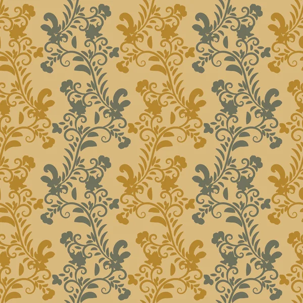 Seamless vector pattern with vertical botanical stripes in mustard yellow and grey colors — 스톡 벡터