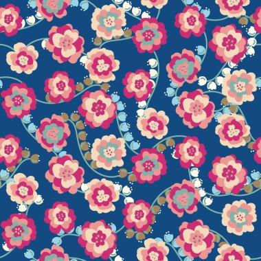 Parlak şakayık ve çiçekli vadi çiçekleri klasik mavi arkaplanlı, kusursuz vektör desenli.