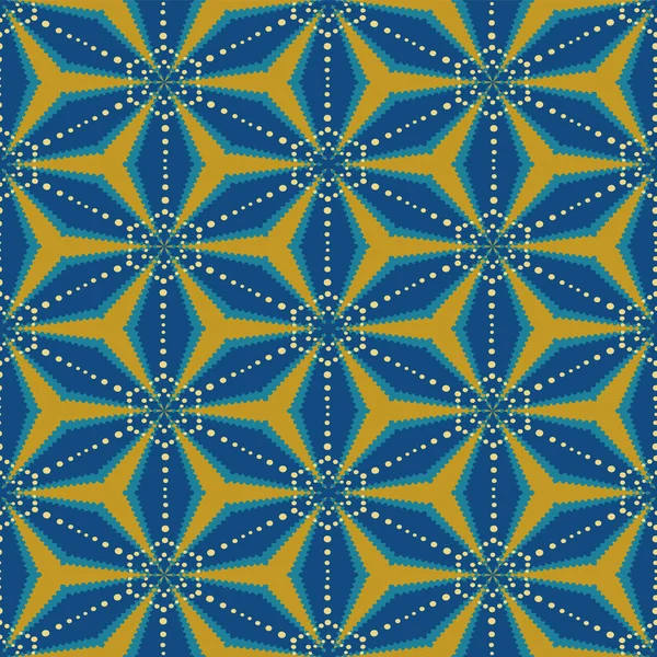 Nahtlose Vektor-geometrische abstrakte Muster mit blauen und orangen Mosaiksternen — Stockvektor
