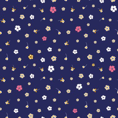 seamless vector pattern with simple colorful flowers on dark navy blue background