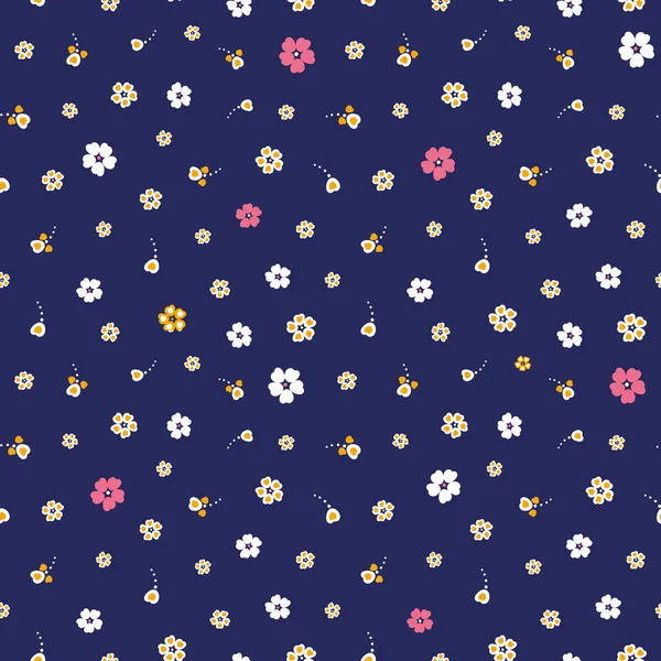 Seamless vector pattern with simple colorful flowers on dark navy blue background — Stok Vektör