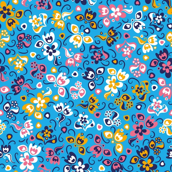 Безшовний векторний візерунок з різнокольоровими народними квітами луг на яскраво-синьому фоні — стоковий вектор