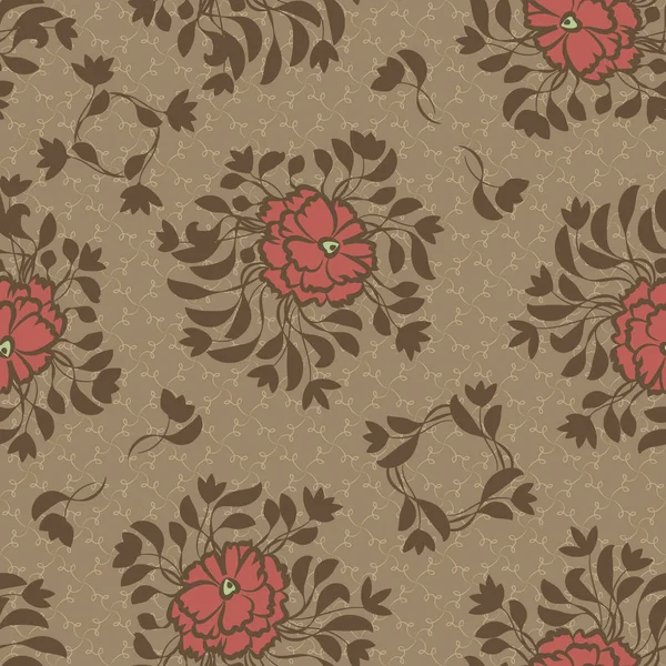 Red flowers on a brown background seamless vector ornamental pattern — Stock Vector