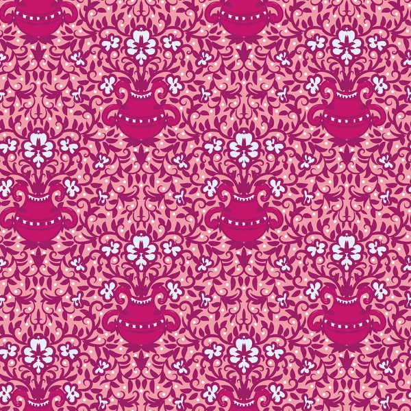 Floreros de flores rosadas patrón vectorial sin costura ornamental — Vector de stock