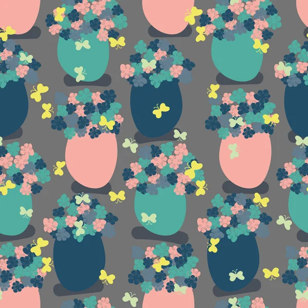 Motif vectoriel sans couture avec des vases à fleurs et sans papillon — Image vectorielle