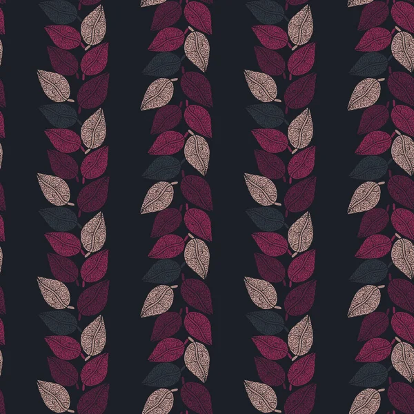 Patrón de vector sin costuras con hojas de color rosa y púrpura formando rayas verticales sobre fondo oscuro — Vector de stock
