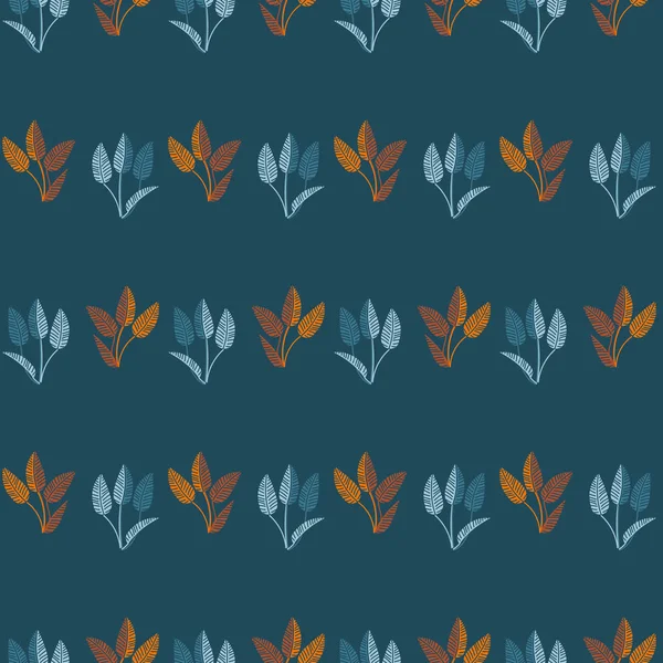 Patrón de rayas vectoriales sin costura con hojas azules y anaranjadas en verde azulado — Archivo Imágenes Vectoriales